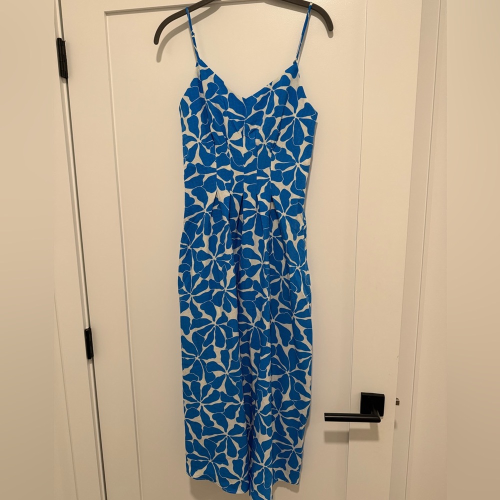 Mango cream & blue tropical floral printed midi dress